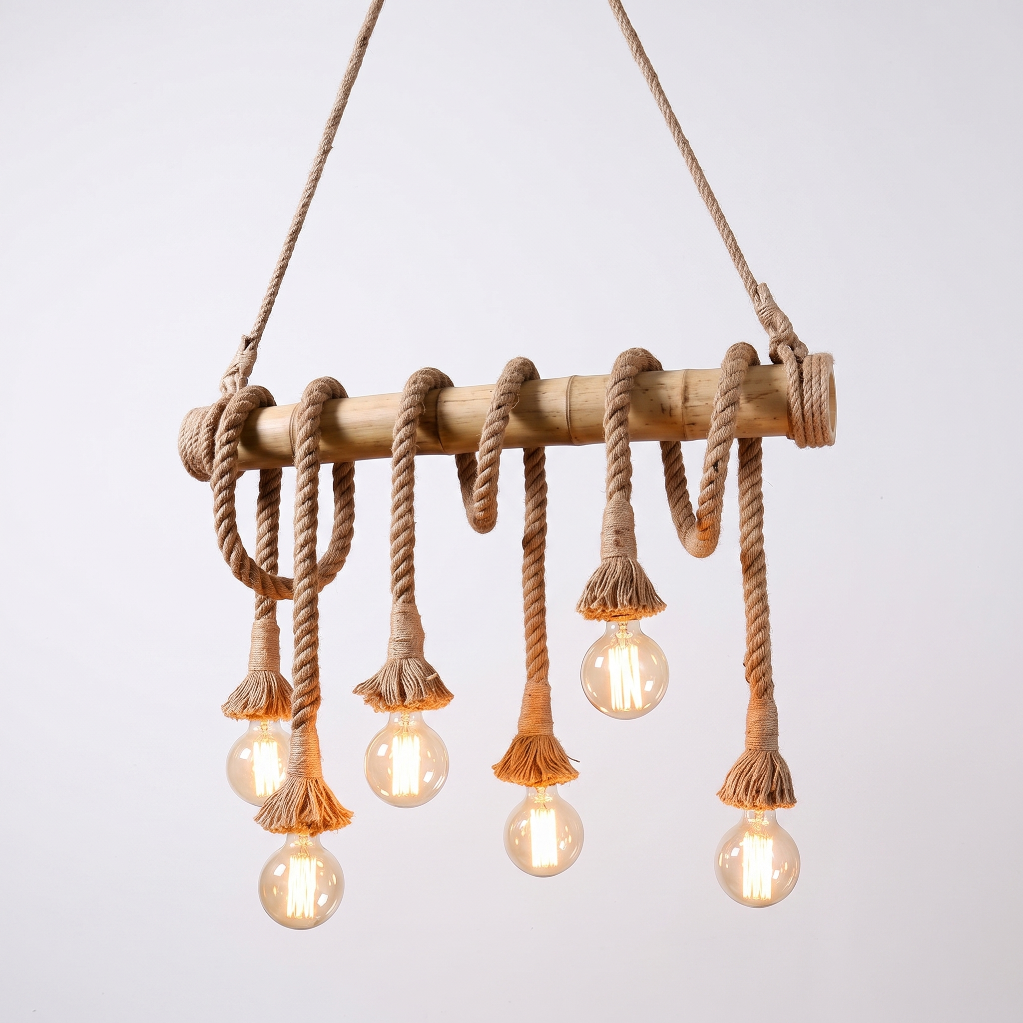 Hukni rustic bamboo and rope chandelier, 6-head configuration, hero shot on white background