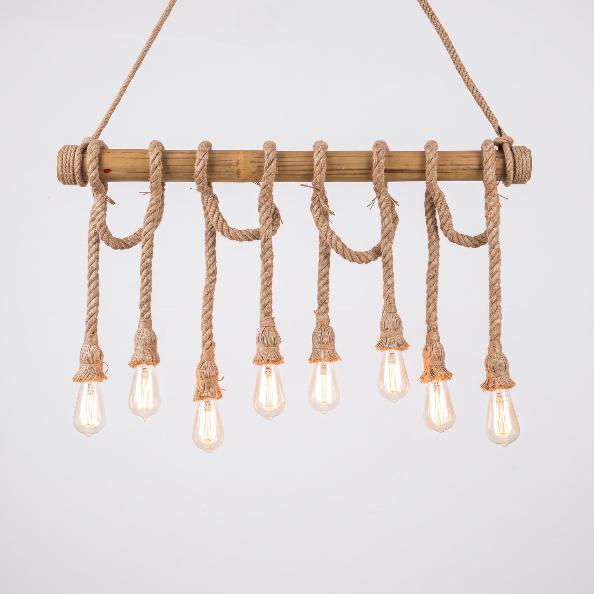 Hukni rustic bamboo and rope chandelier, 8-head configuration, hero shot on white background