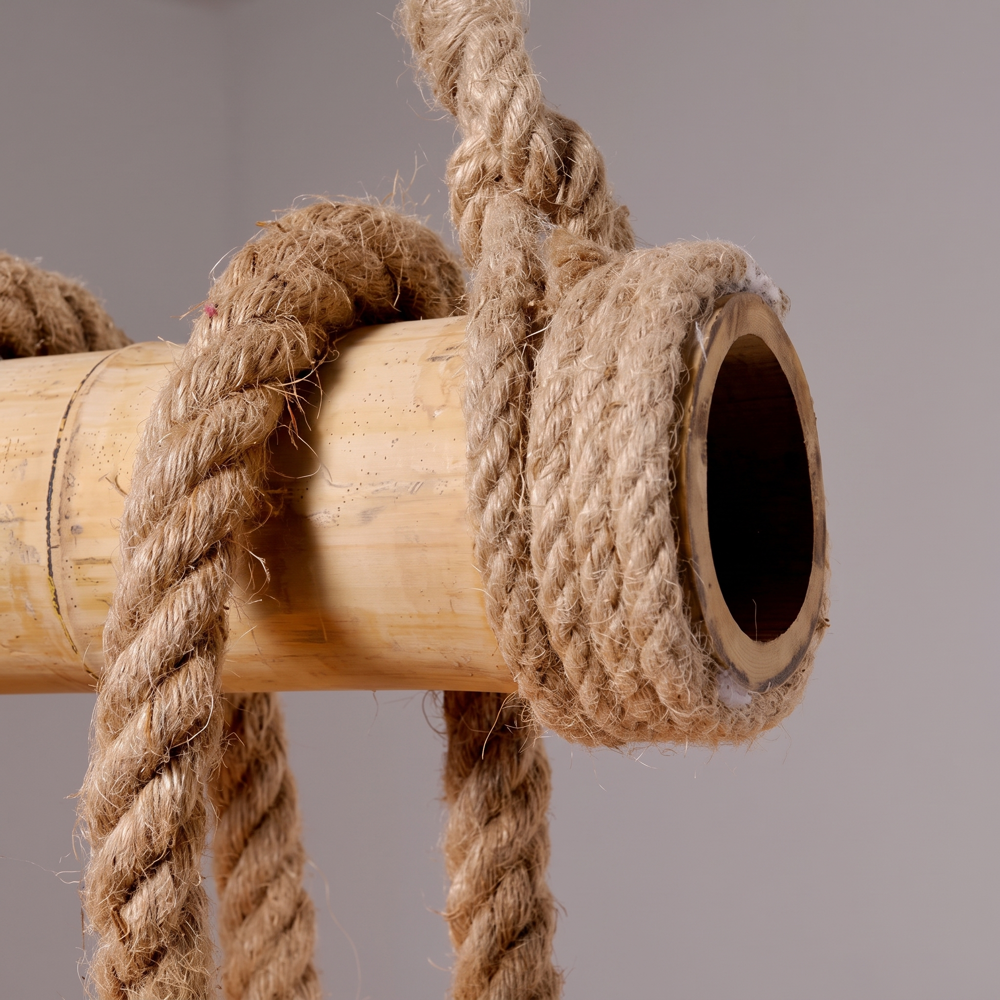 Hukni chandelier detail, bamboo pole end with hand-coiled rope wrap