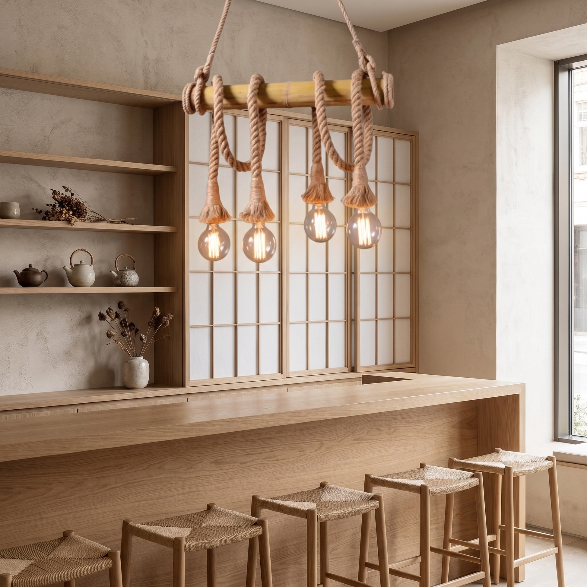 Hukni rustic bamboo and rope chandelier styled above a cafe or bar counter