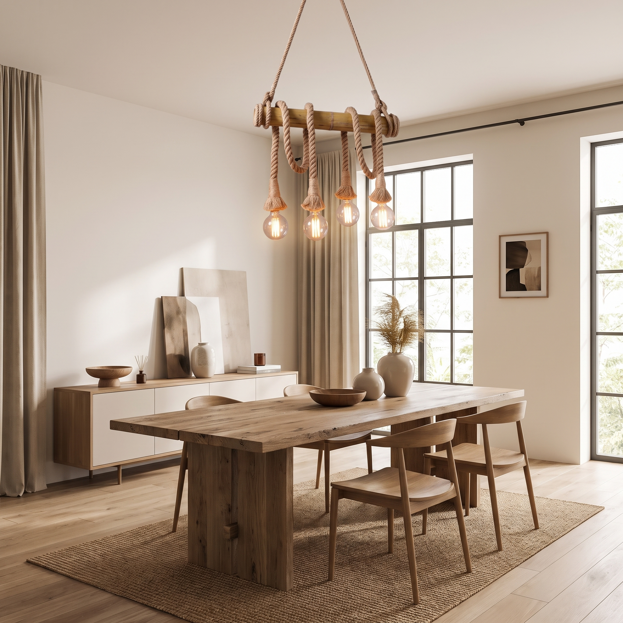 Hukni rustic bamboo and rope chandelier styled above a dining table