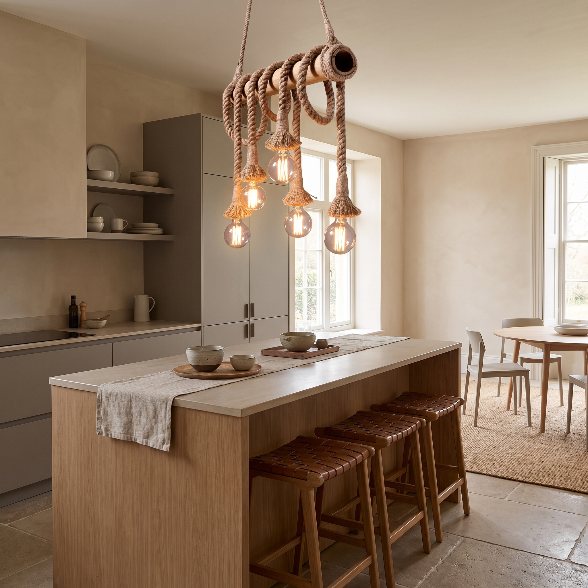 Hukni rustic bamboo and rope chandelier styled above a kitchen island