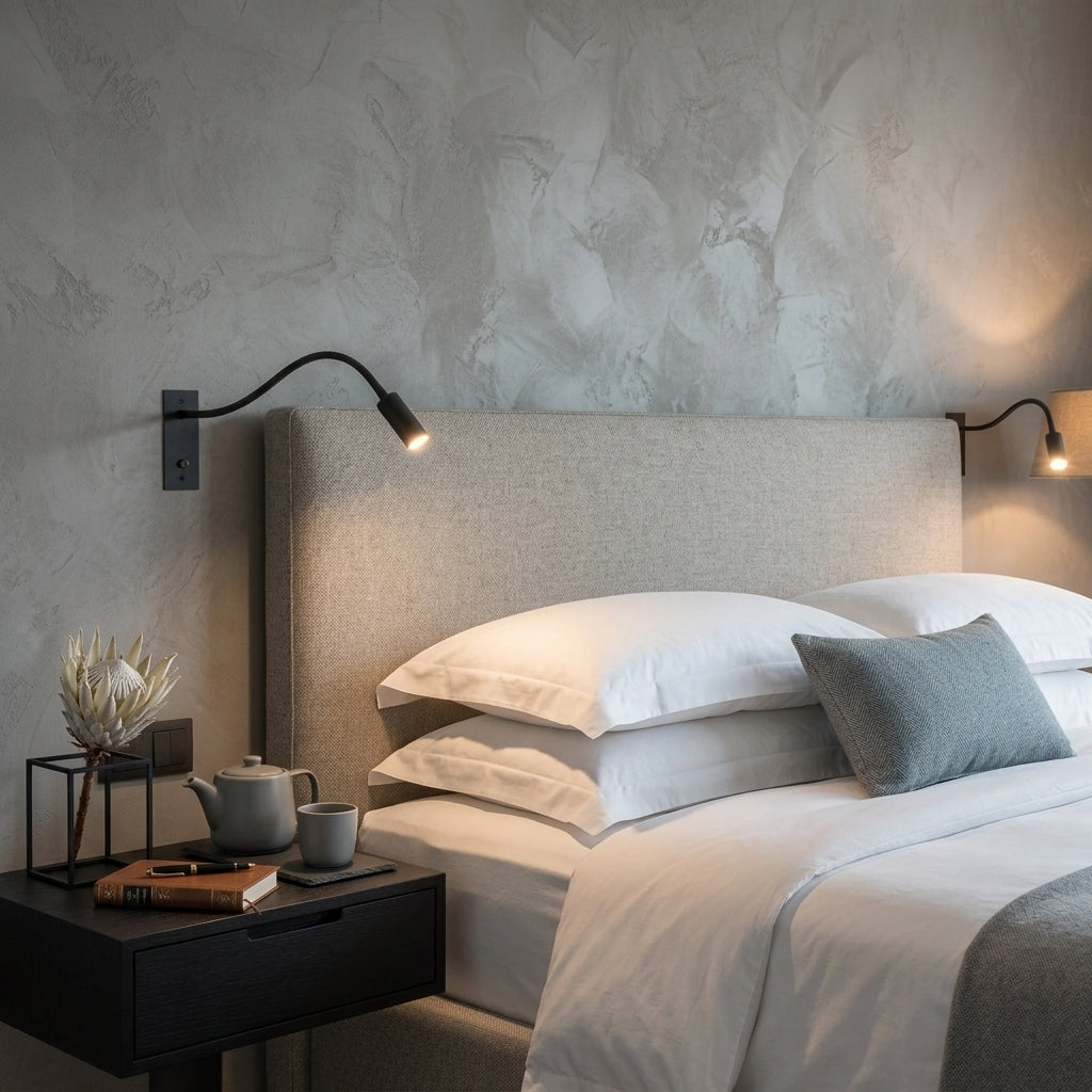 Hulzi black gooseneck wall light mounted above a bed with light bedding and nightstand