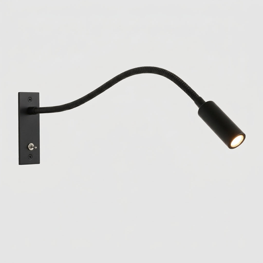 Hulzi black gooseneck metal wall reading light, studio product shot