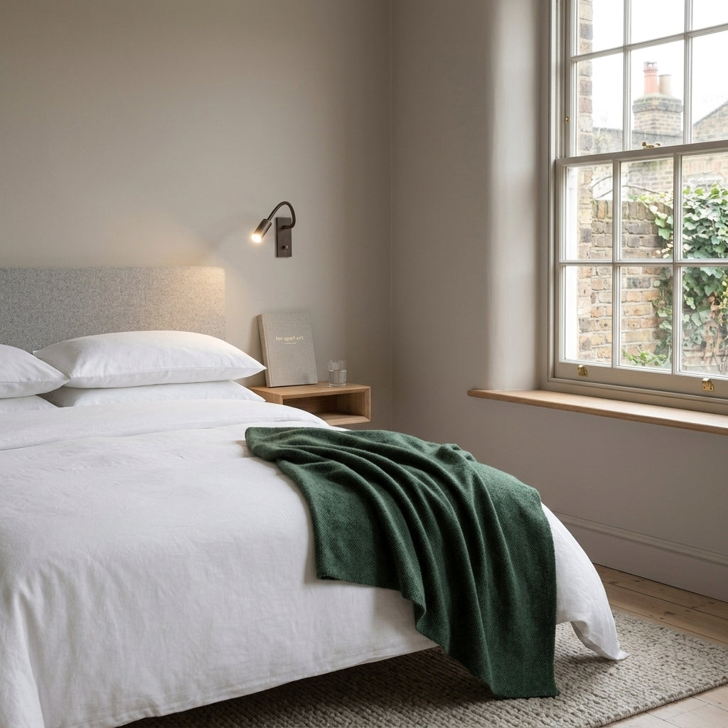 Hulzi bronze gooseneck wall light mounted above a bed near a bright window