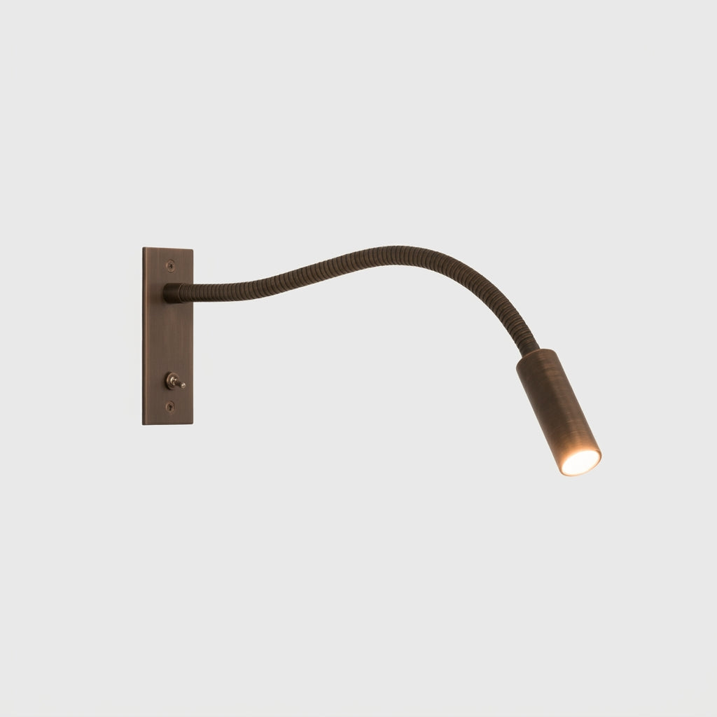 Hulzi bronze gooseneck wall light, studio product shot on a dark background