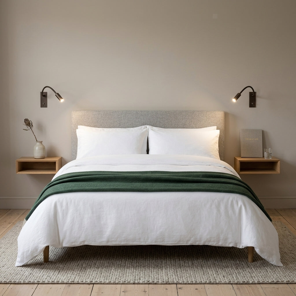 Hulzi bronze gooseneck wall lights mounted on each side of the bed with headboard