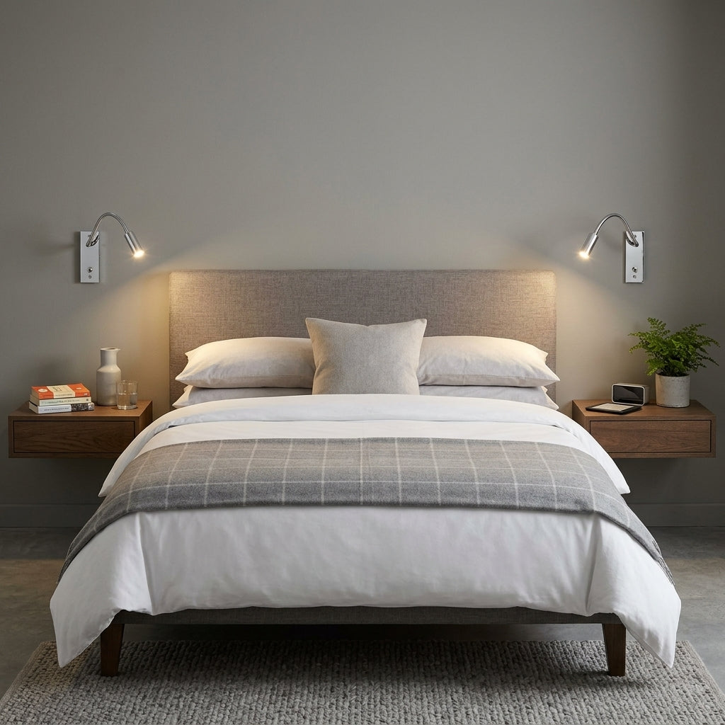 Hulzi chrome gooseneck wall light mounted above a grey headboard with a wood nightstand