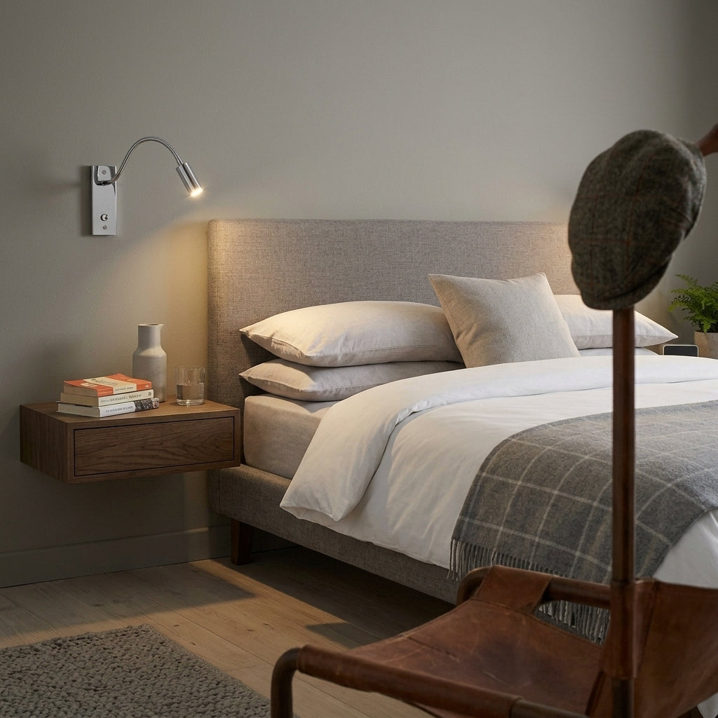 Hulzi chrome gooseneck wall light mounted on a grey wall above a reading chair and side table