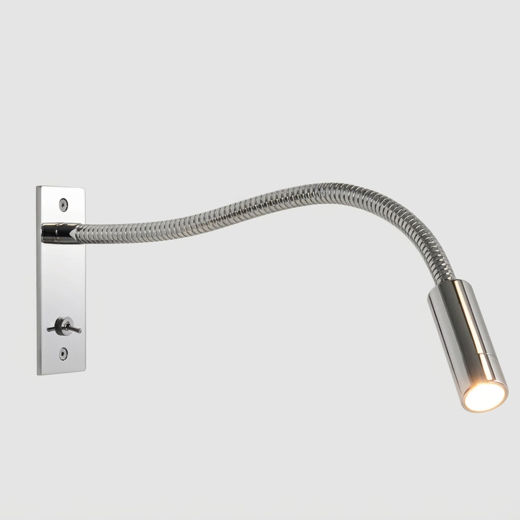 Hulzi chrome gooseneck metal wall reading light, angled studio product shot