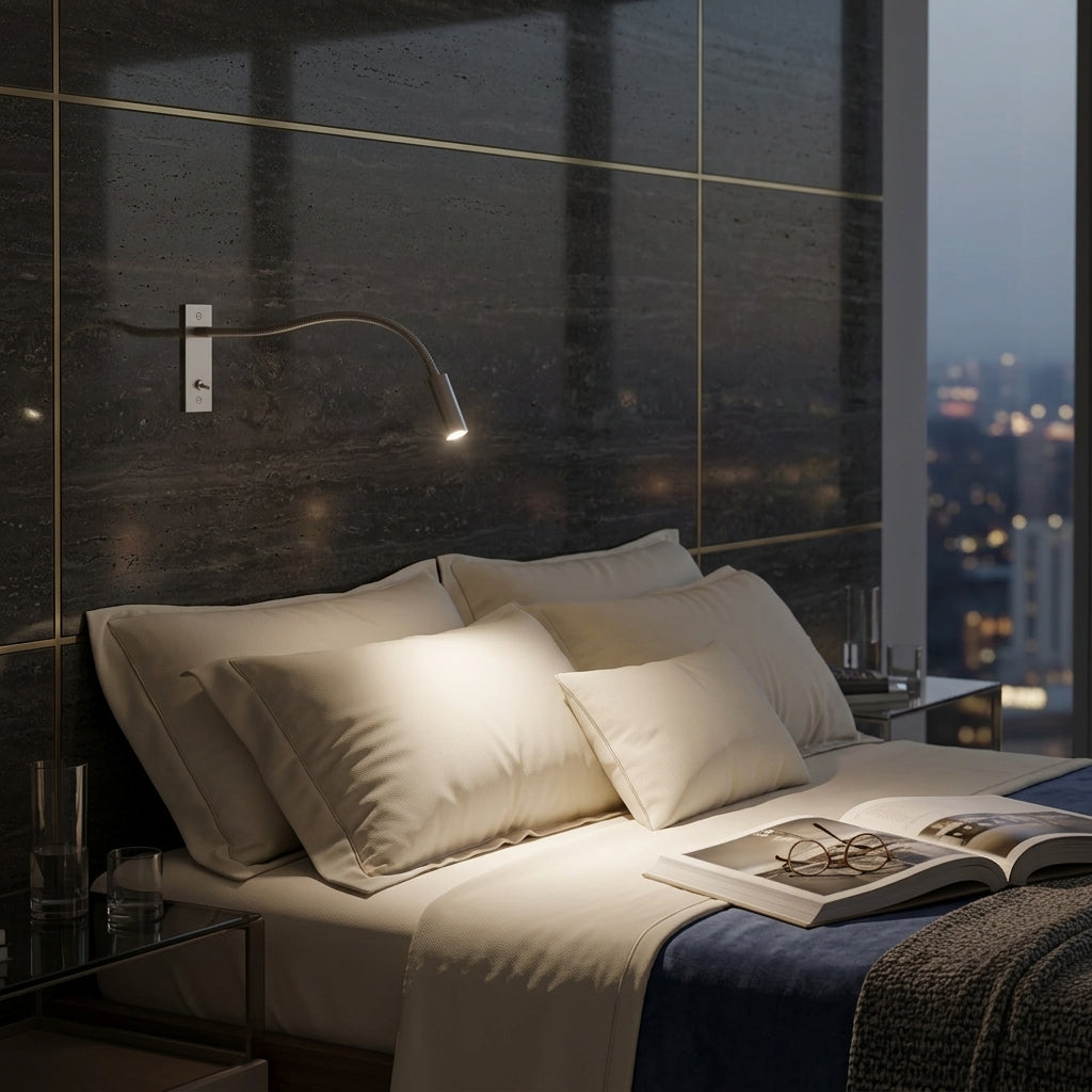 Hulzi nickel gooseneck wall light mounted beside a window with a night city skyline view