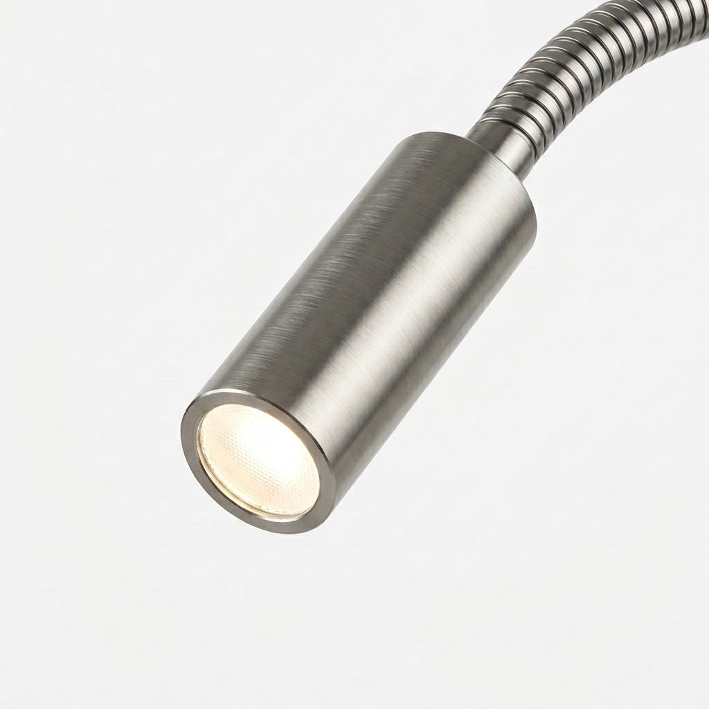 Hulzi nickel gooseneck metal wall reading light, front-facing studio product shot