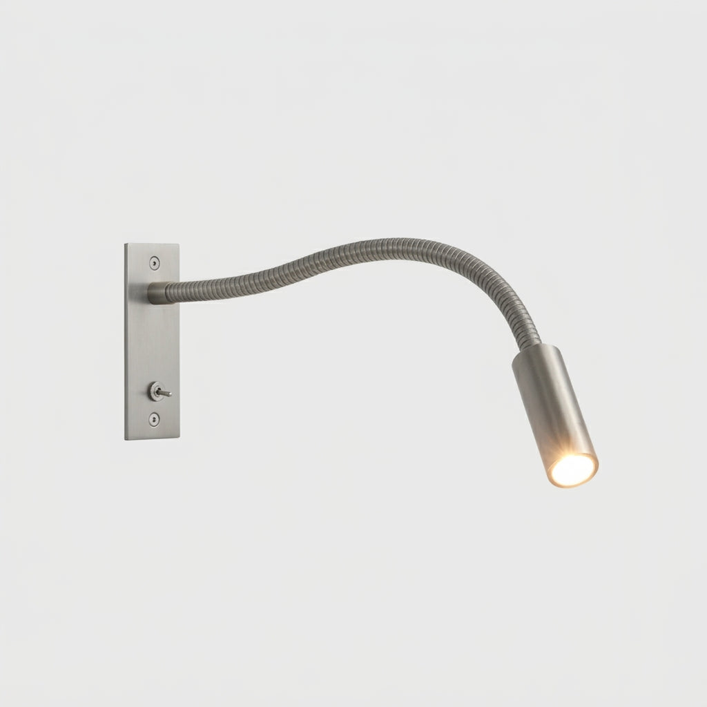 Hulzi nickel gooseneck metal wall reading light, studio product shot