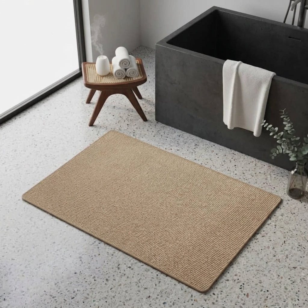 A rectangular brown bath mat styled in a modern bathroom next to a dark grey concrete bathtub and a small wooden stool.