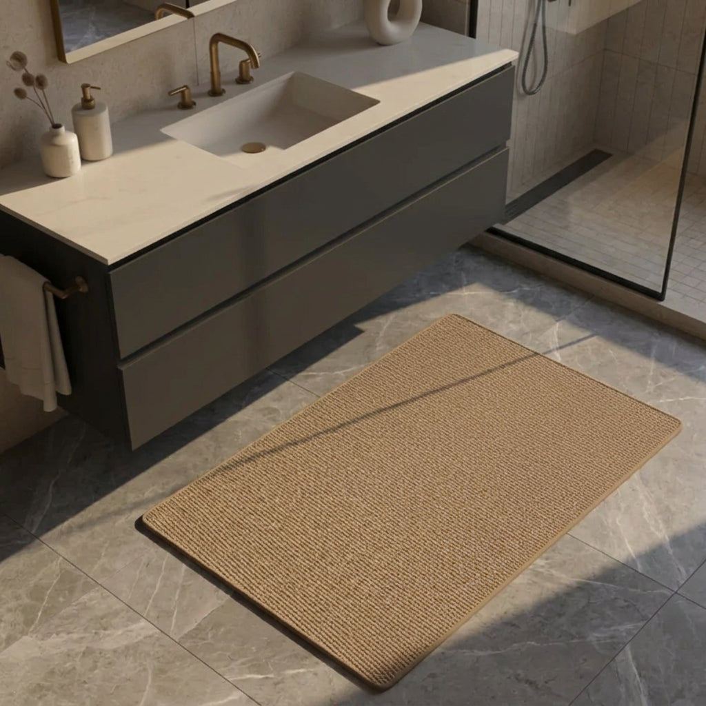 A rectangular woven bath mat in a brown colour placed on a grey marble-look bathroom floor next to a modern floating vanity with a white countertop and gold faucet.