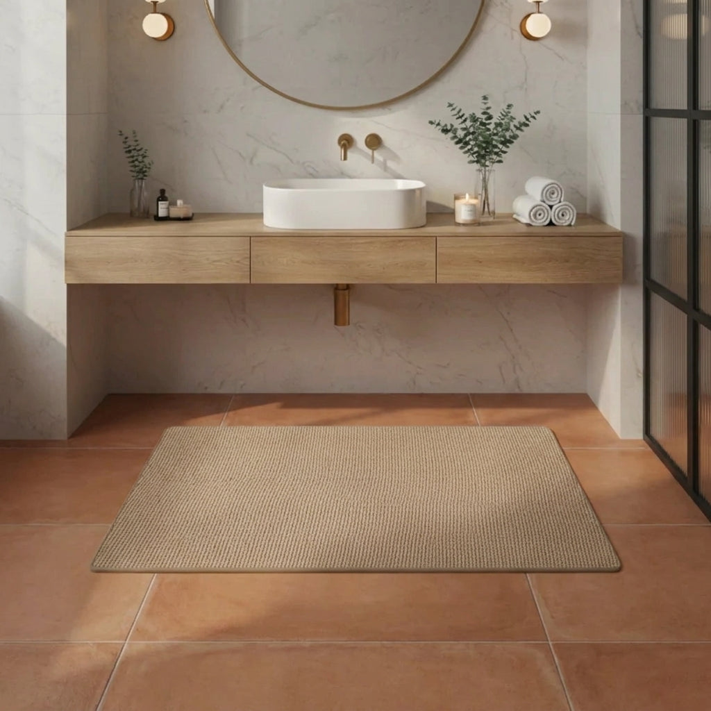 A rectangular brown woven bath mat placed on a terracotta-tiled floor in a modern bathroom with a floating wood vanity, white vessel sink, and round mirror.