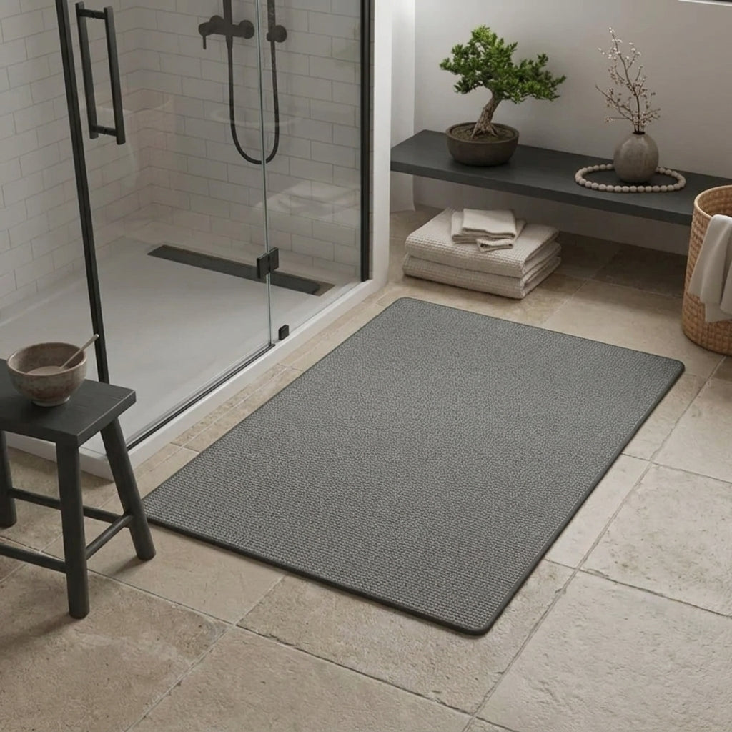 A rectangular grey bath mat with a textured surface lies on a beige tiled bathroom floor next to a glass shower door, with a shelf, stool, and decorative items in the background.