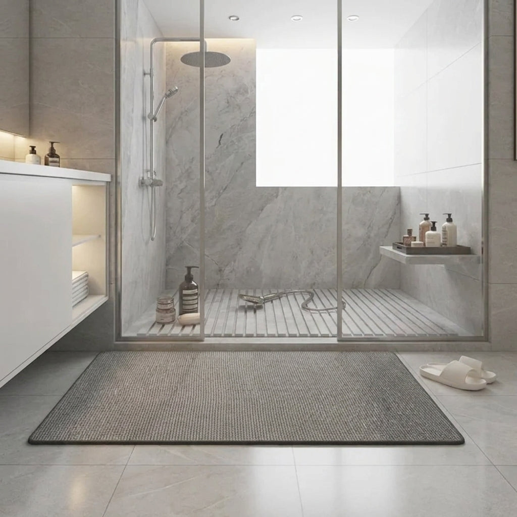 A modern bathroom scene with a grey textured bath mat on a light tile floor in front of a glass-enclosed shower. A white vanity is visible on the left, and a pair of white slippers sits on the floor to the right.