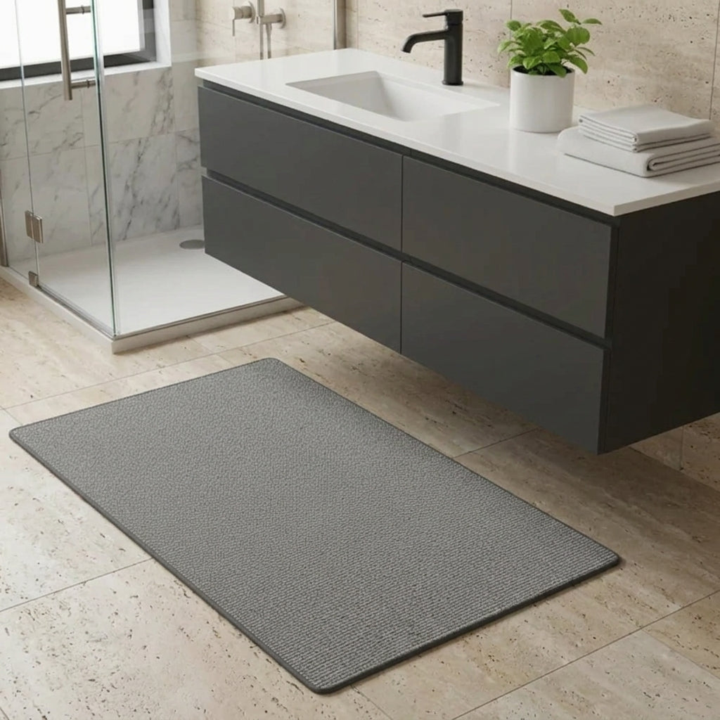 A rectangular grey bath mat with a textured surface lies on a light beige tiled bathroom floor in front of a floating dark grey vanity with a white sink countertop.