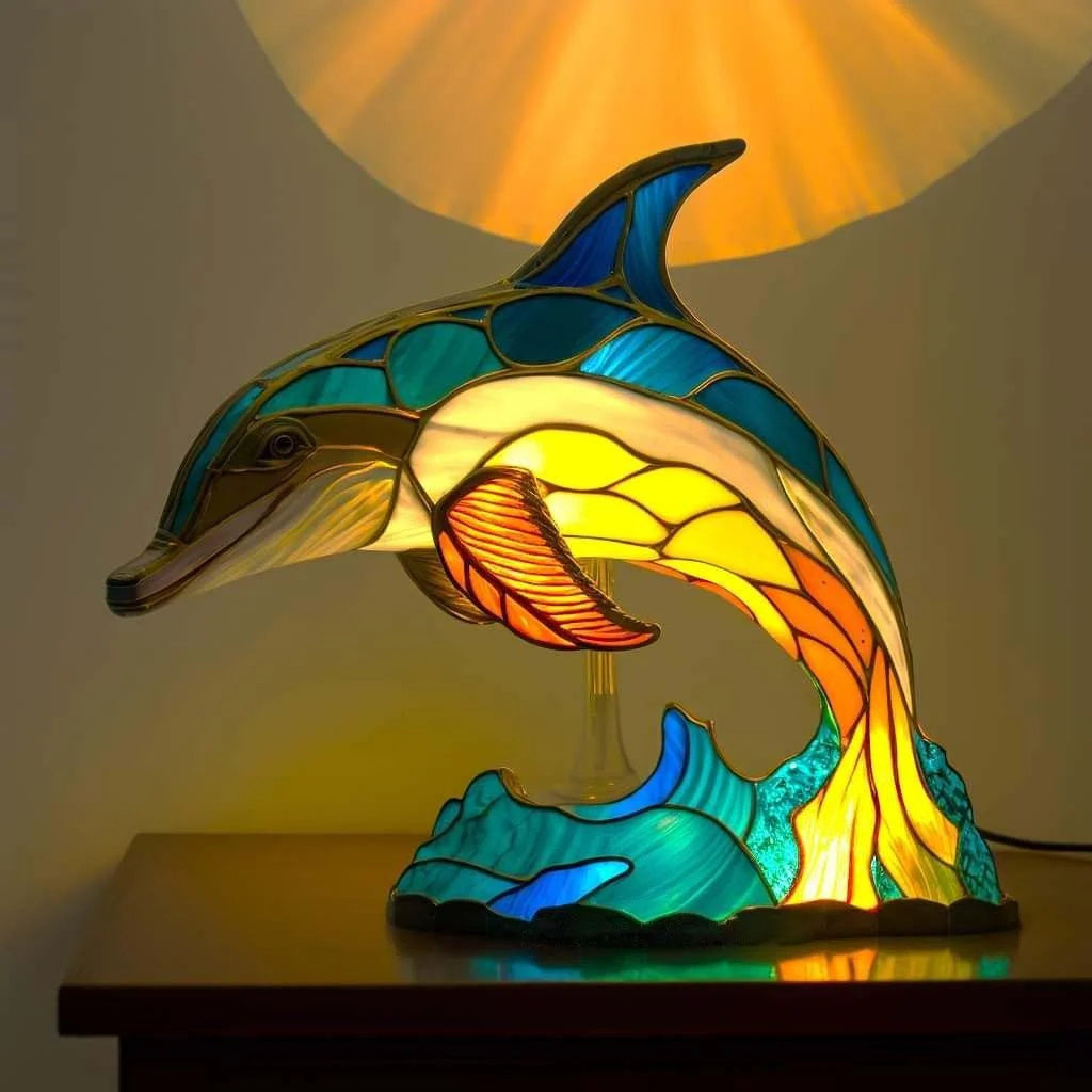 Illuminated mosaic dolphin lamp leaping gracefully over blue waves