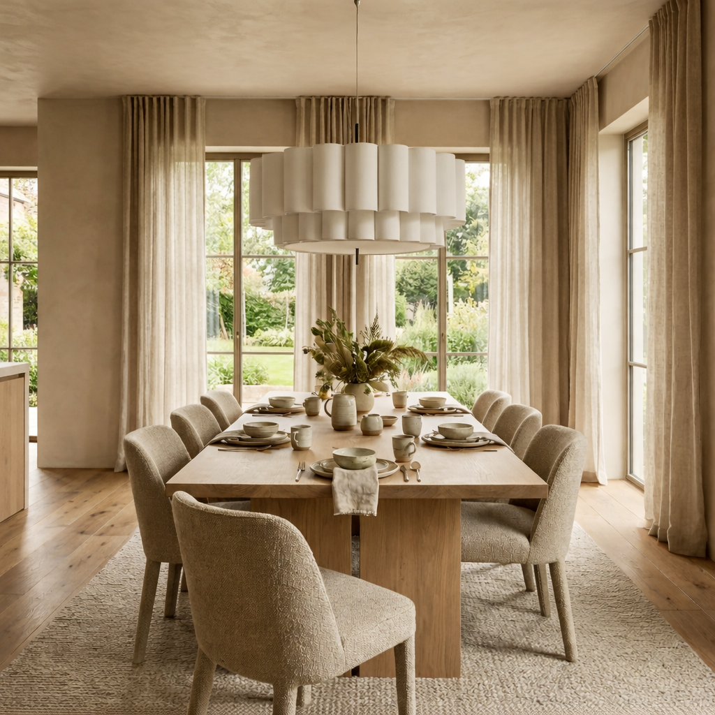 Japandi fabric ilop chandelier suspended over a modern rectangular wooden dining table in a bright room
