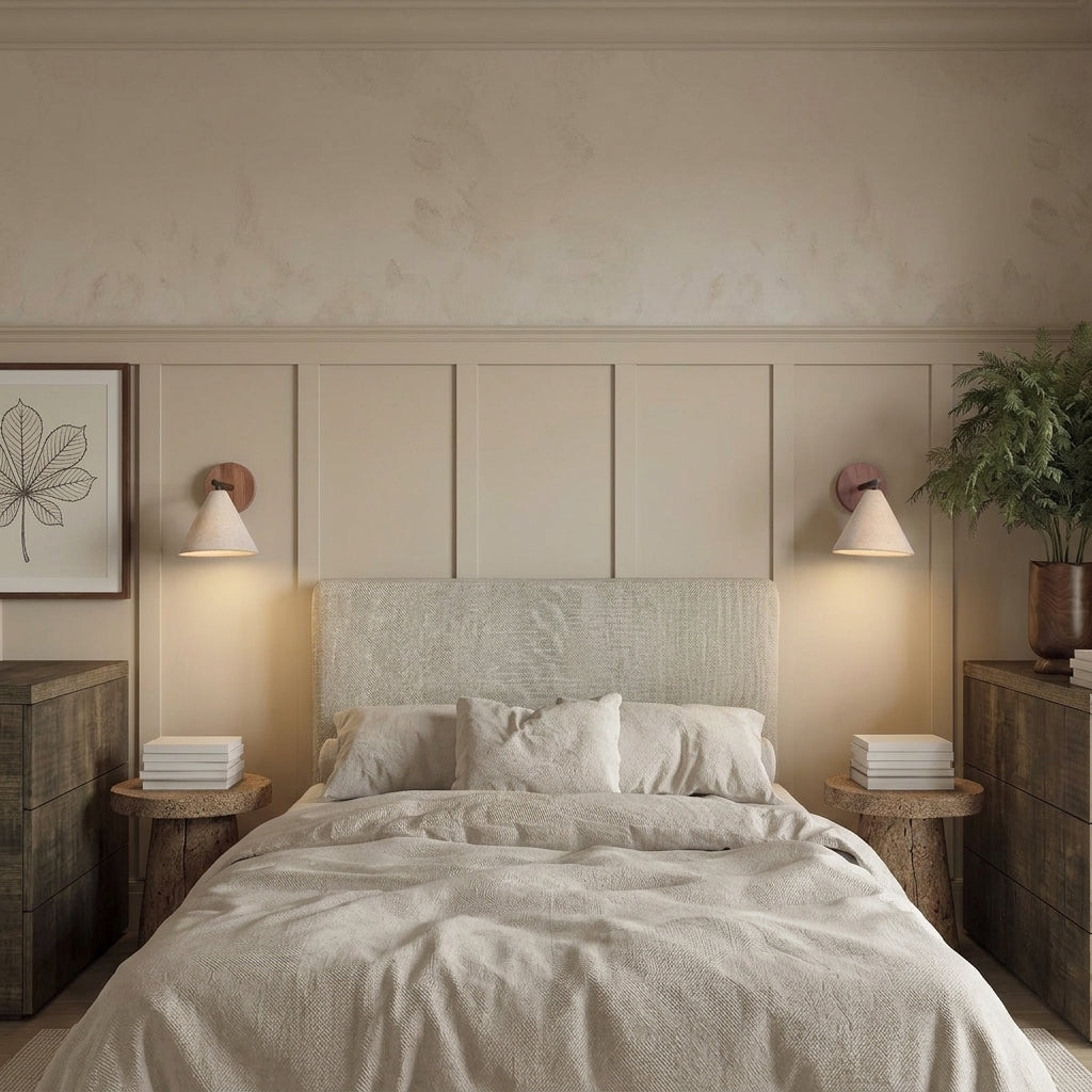 Imzo travertine cone wall sconce mounted beside a bed in a bedroom, lit warm white