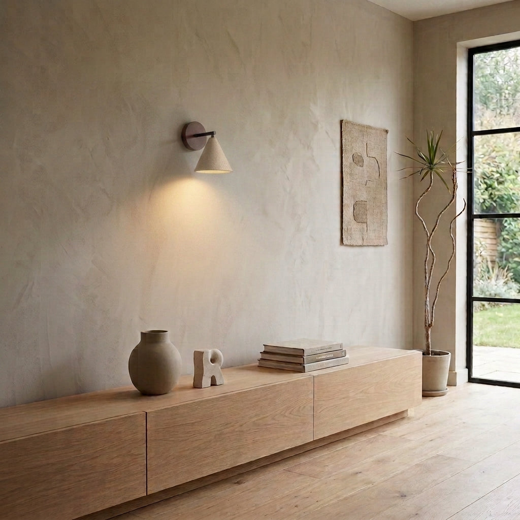 Imzo travertine cone wall sconce mounted above a wood console near a glass door
