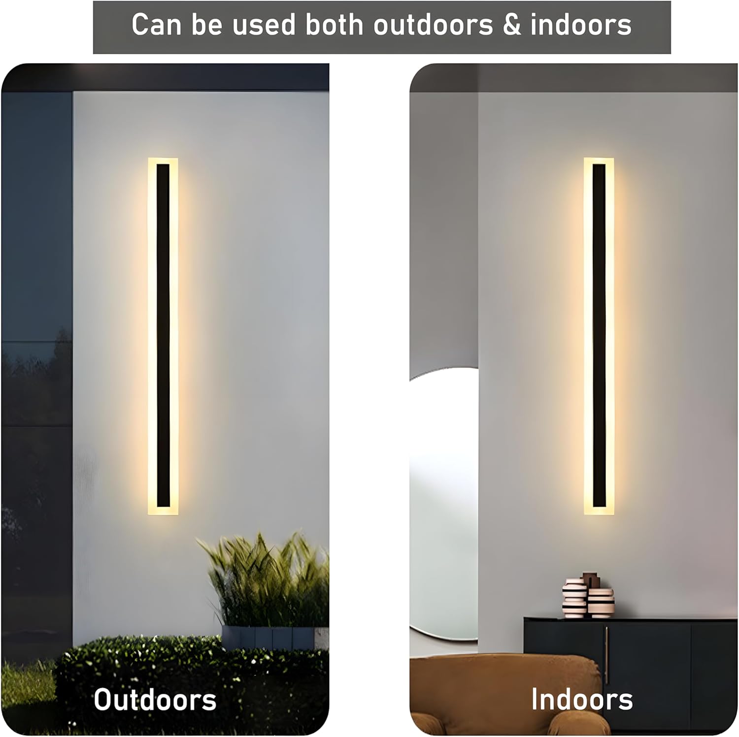 Comparison showing the versatile long linear LED wall light used both outdoors on a porch and indoors in a living room