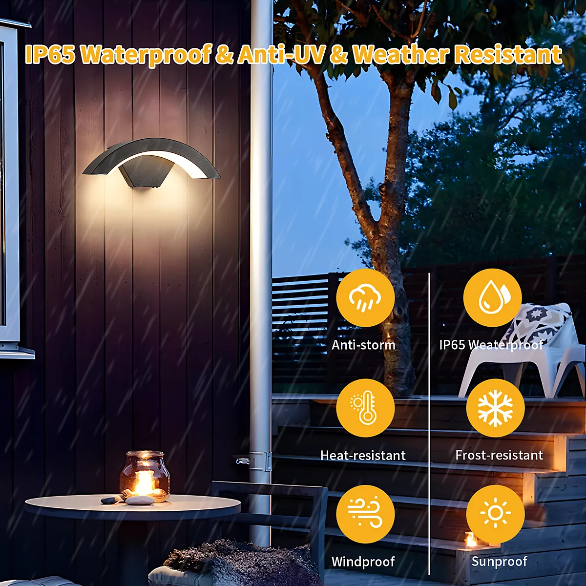 Features graphic for the IP65 waterproof arched outdoor wall light highlighting weather resistance
