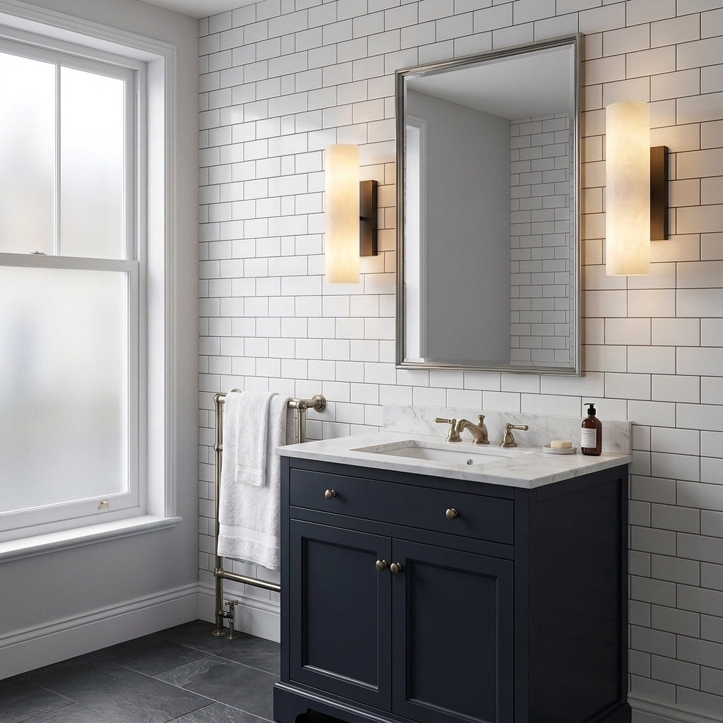 Ivzo alabaster black column wall sconces in the bathroom on each side of the mirror