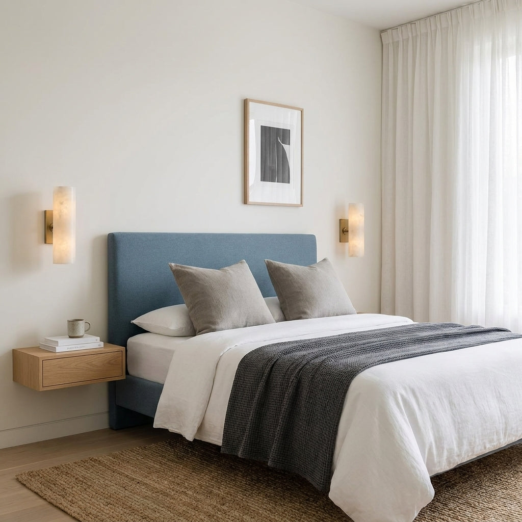 Ivzo alabaster wall sconce in brass finish above a bed