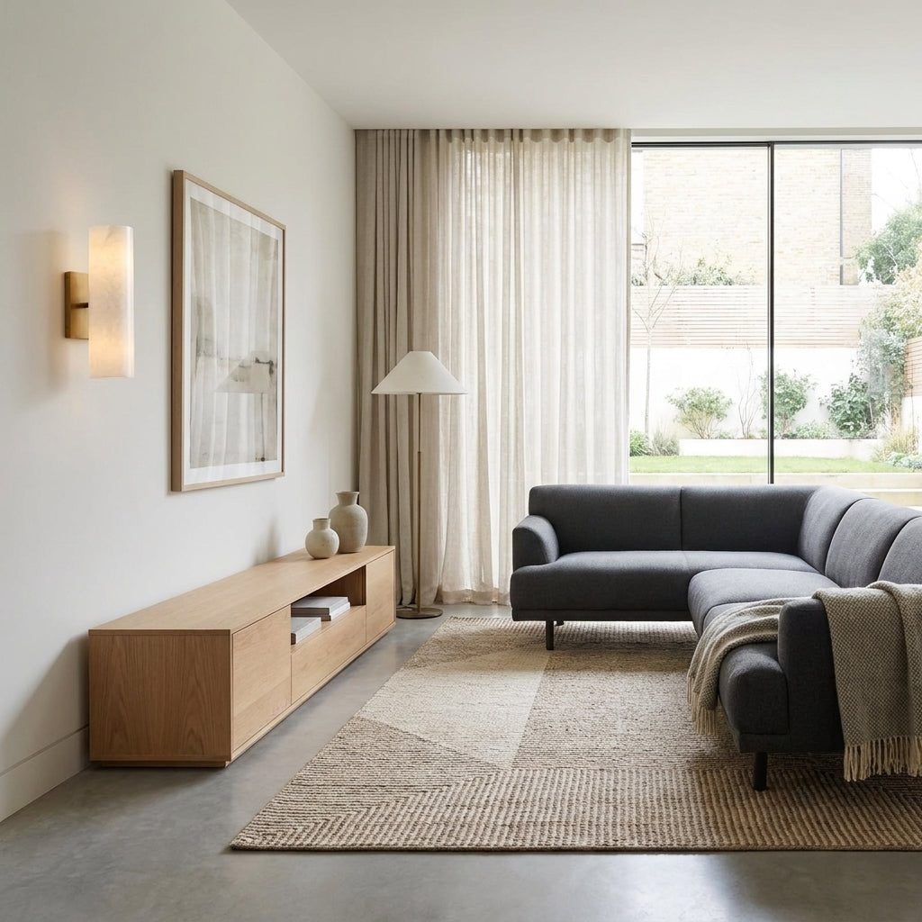 Ivzo brass alabaster wall sconce in a living room with a sofa