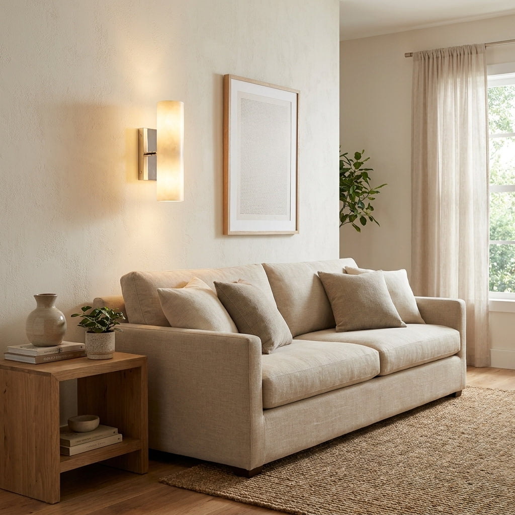 Ivzo chrome alabaster wall sconce in living room above a sofa and side table next to hanging art