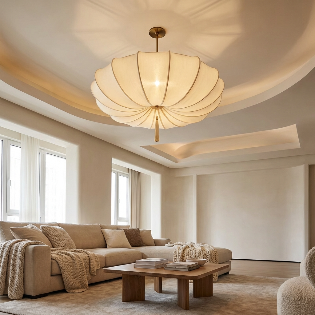 Japandi fabric chandelier serving as a serene focal point in a minimalist lounge area