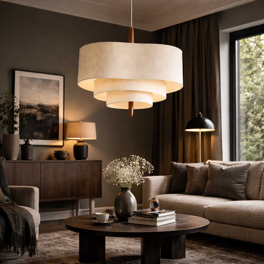 Japandi tiered linen pendant light casting a warm, ambient glow in a dark, moody modern living room