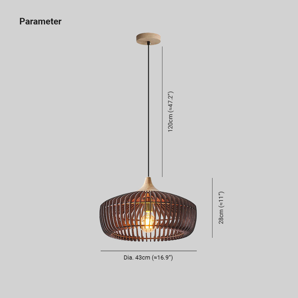 Dimensions guide for the Japandi slatted wood pendant showing a 43cm diameter and adjustable suspension cable