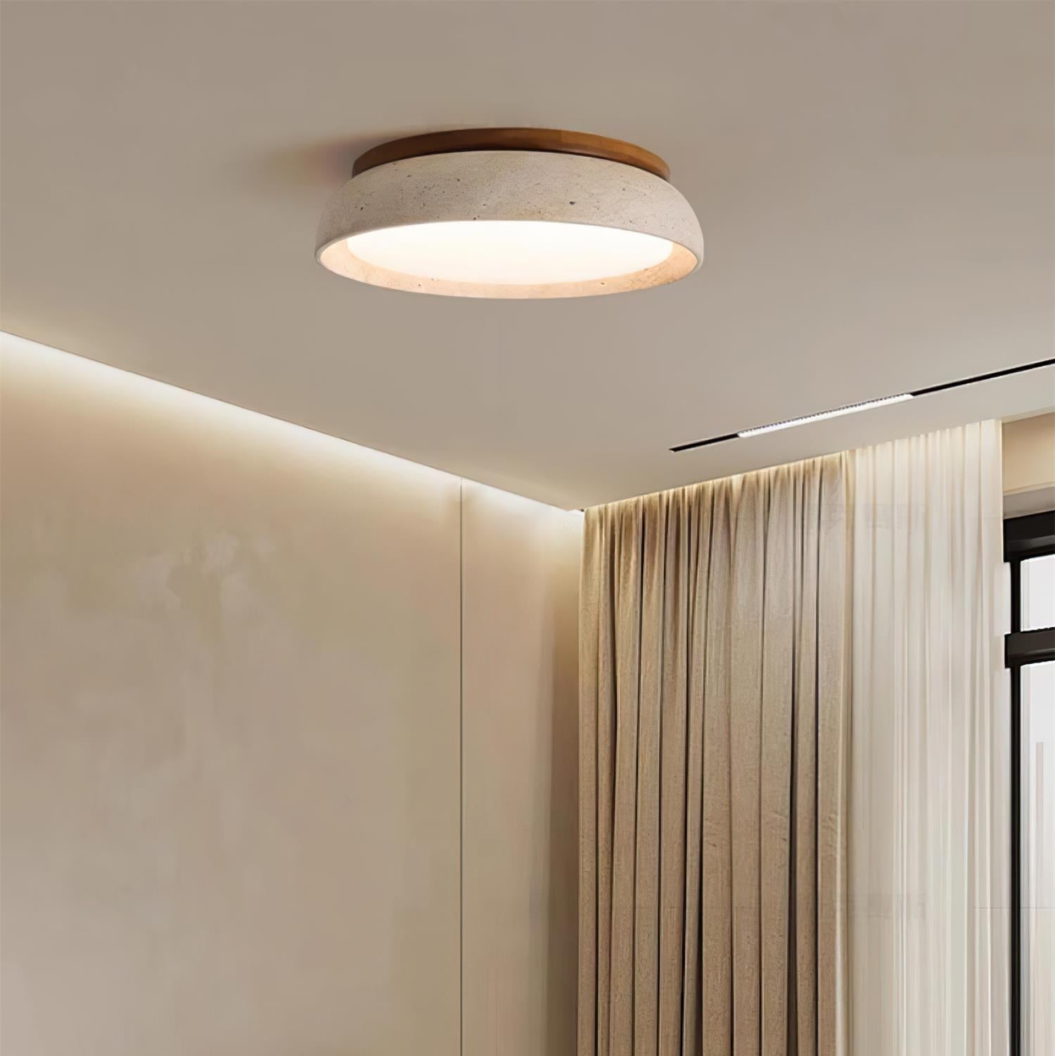 Japandi style travertine bedroom ceiling lighting in a minimalist interior