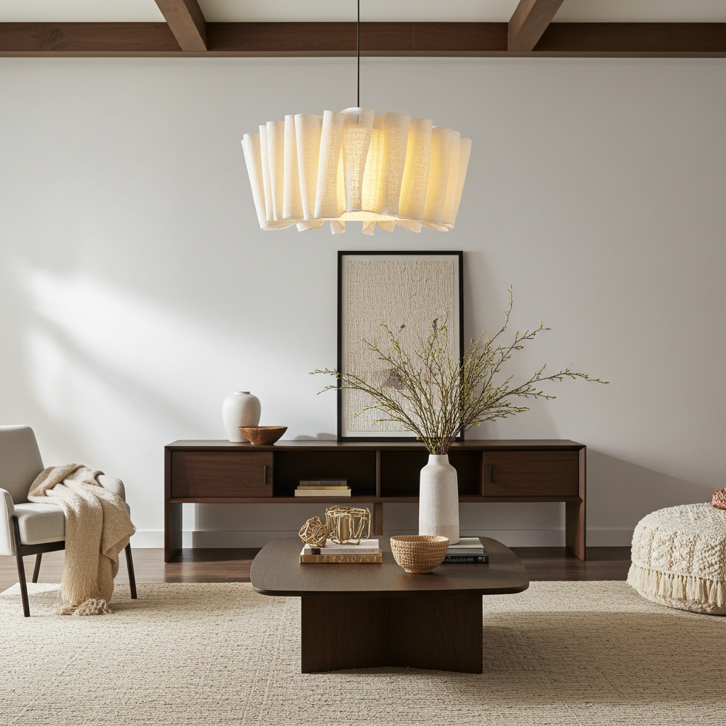 Japanese fabric chandelier complementing a sleek, modern minimalist sideboard and decor