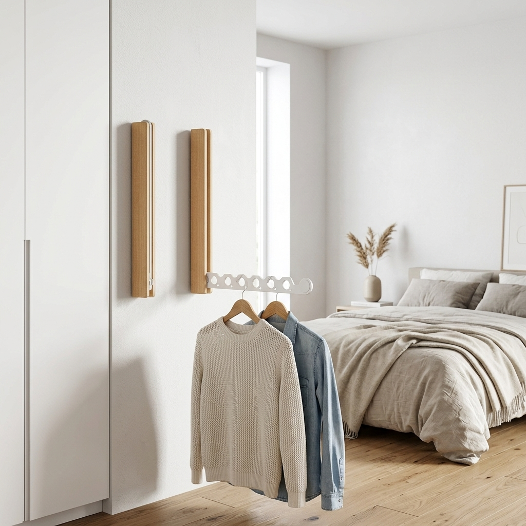 Jelve beech wood collapsible wall hanger rail, bedroom lifestyle shot