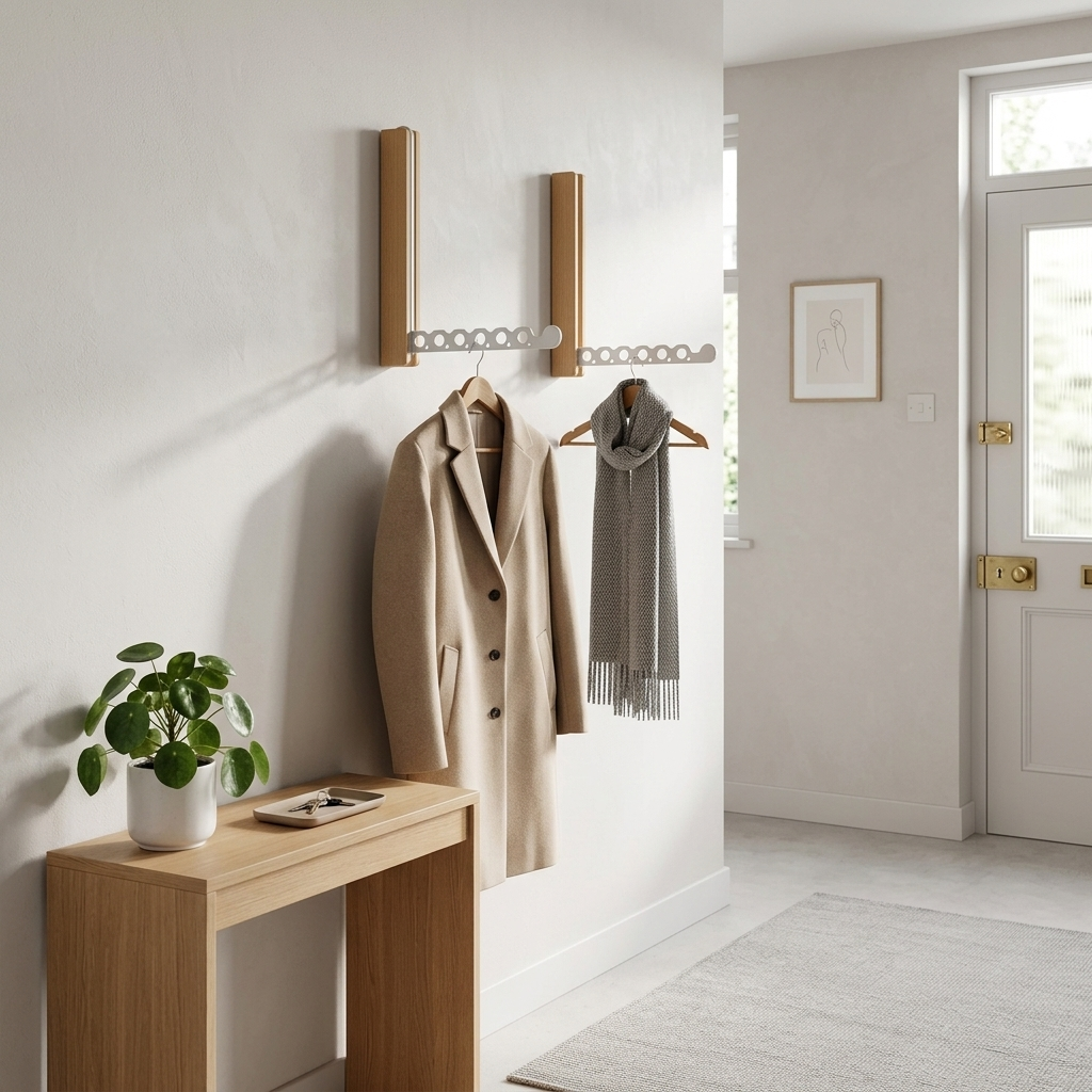 Jelve beech wood collapsible wall hanger rail, entryway lifestyle shot with coat and scarf