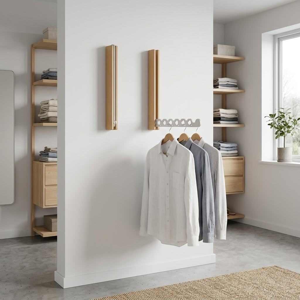 Jelve beech wood collapsible wall hanger rail, walk-in wardrobe lifestyle shot