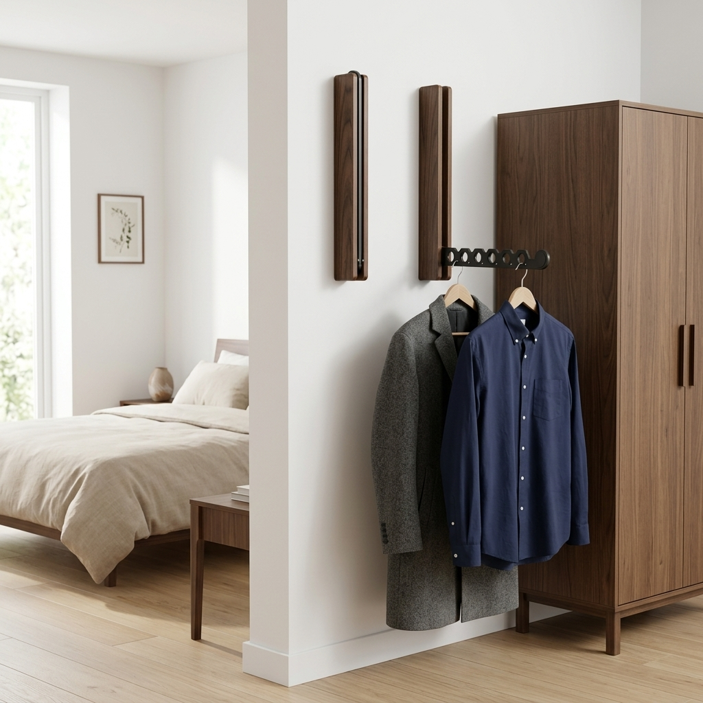 Jelve walnut wood collapsible wall hanger rail, bedroom lifestyle shot