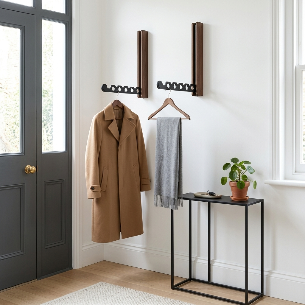 Jelve walnut wood collapsible wall hanger rail, entryway lifestyle shot