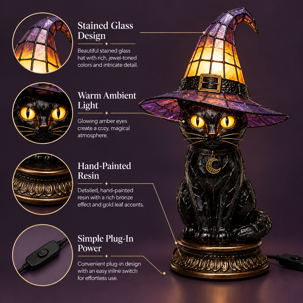 Jinx witch hat cat lamp feature infographic: stained glass hat, glowing amber eyes, hand-painted resin base, plug-in power