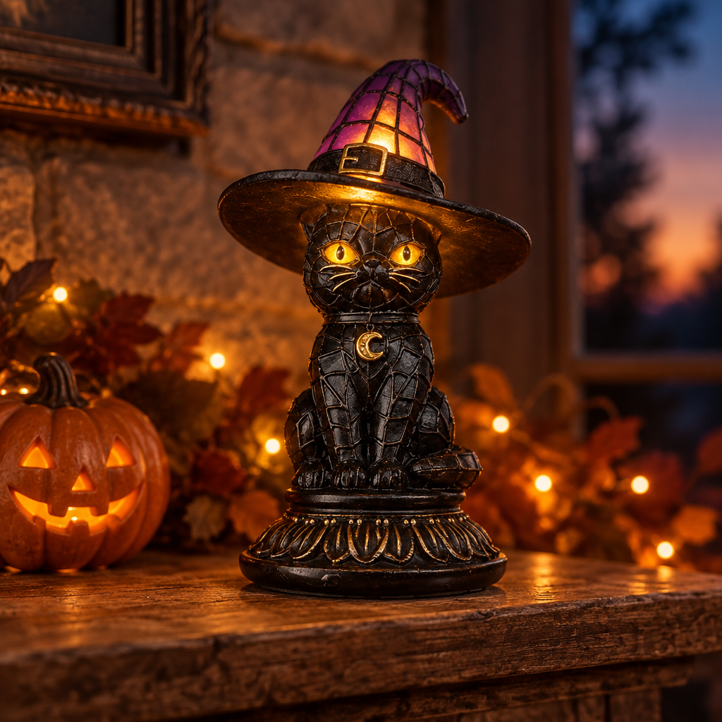 Jinx witch hat cat lamp glowing on a rustic mantelpiece with a carved pumpkin at dusk