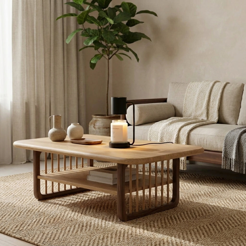 Jomzi black candle warmer lamp on a wooden coffee table beside vases