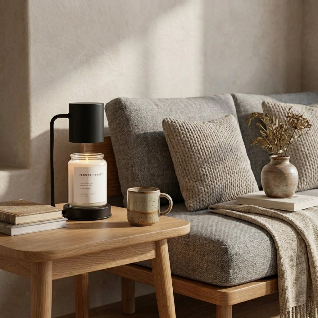 Jomzi black candle warmer lamp on a side table beside a sofa with cushions and a throw