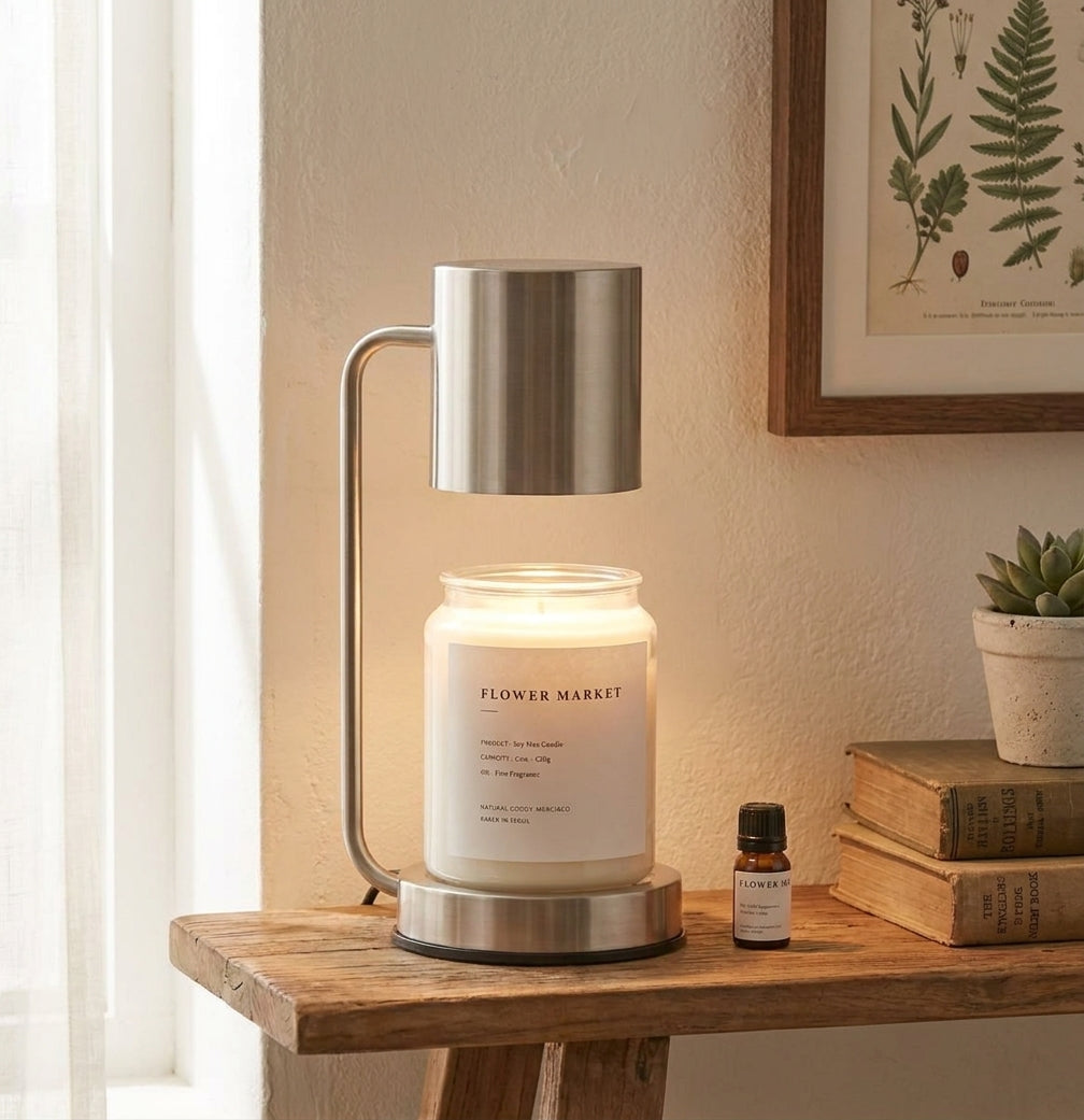 Jomzi stainless steel candle warmer lamp on a side table near a window with a plant