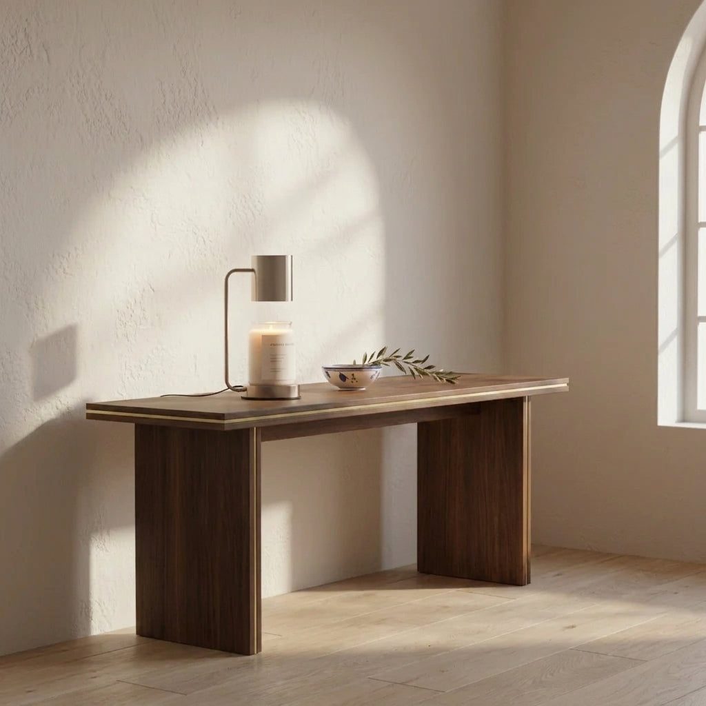 Jomzi stainless steel candle warmer lamp on a small wooden table