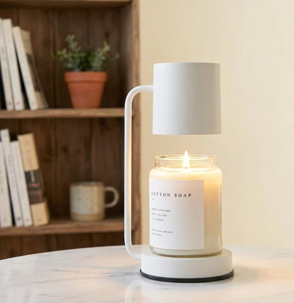 Jomzi white candle warmer lamp on a coffee table with a bookshelf in the background